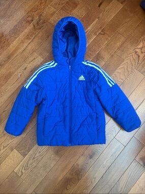adidas Royal Blue Hooded Puffer Jacket with White Stripes